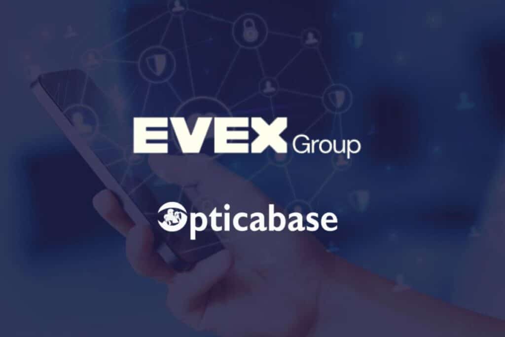 Die Logos der EVEX Group und Opticabase auf blauem Hintergrund.