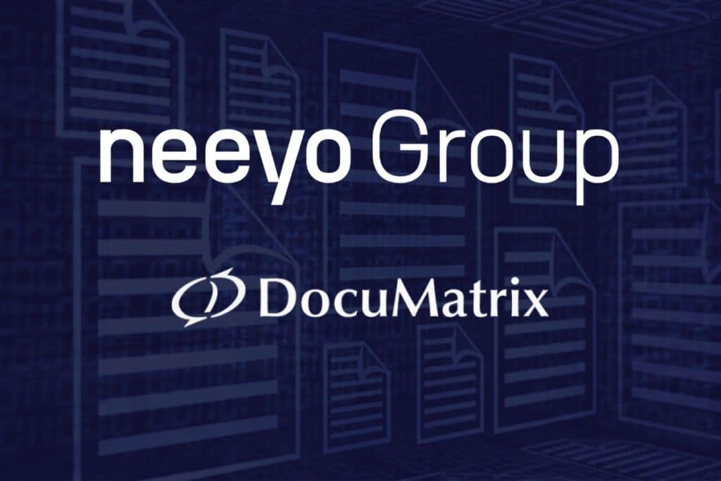 Grafik mit Text "neeyo Group" und "DocuMatrix" auf dunkelblauem Hintergrund.